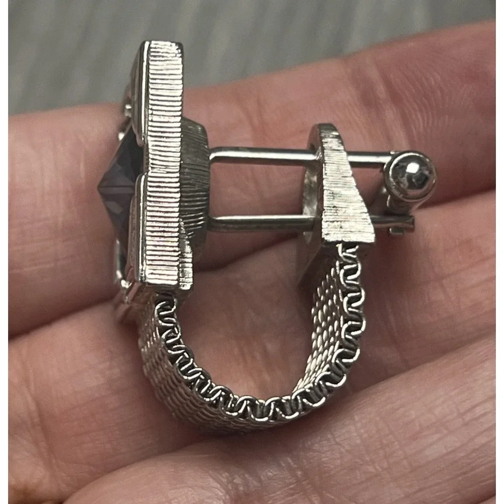 Vintage Men's Cufflinks Silver-Tone Mesh Faceted Blue Stone Square Frame‎